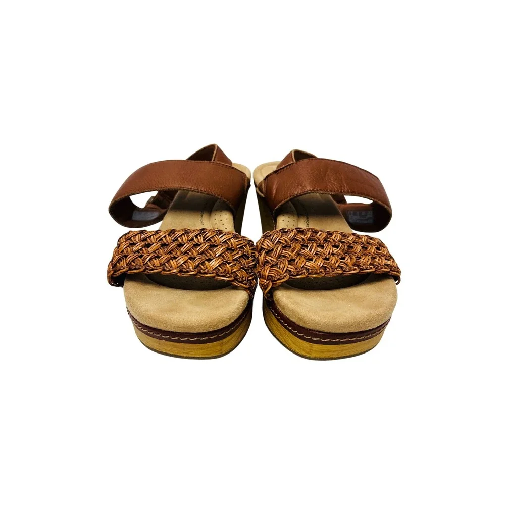 Clarks Wedge Sandals 8.5W Brown Leather Woven Ultimate Comfort Boho Platform